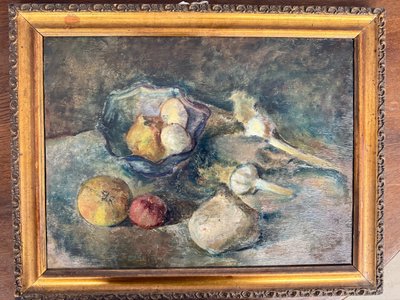 Antico dipinto ad olio, Manfredini, 1944, Trieste, natura morta, 47x38 cm