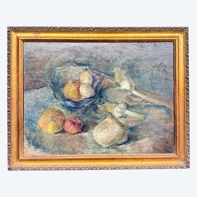 Antico dipinto ad olio, Manfredini, 1944, Trieste, natura morta, 47x38 cm