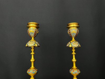 Pair of gilt bronze and champlevé enamel candlesticks – Ferdinand Barbedienne