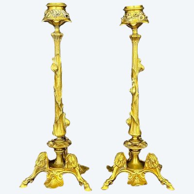 Pair of Louis XV style gilt bronze candlesticks