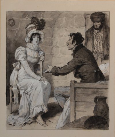 Ink and gouache drawing 'The Visit' Édouard François Zier (1856-1924)