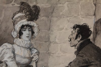 Ink and gouache drawing 'The Visit' Édouard François Zier (1856-1924)