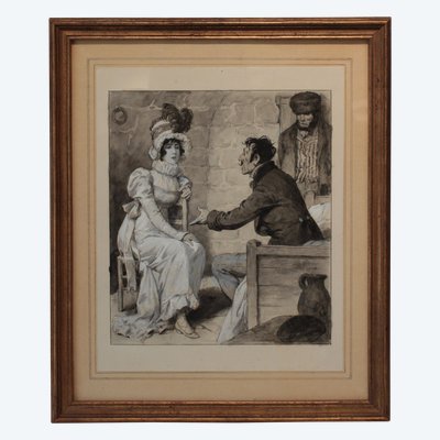Ink and gouache drawing 'The Visit' Édouard François Zier (1856-1924)