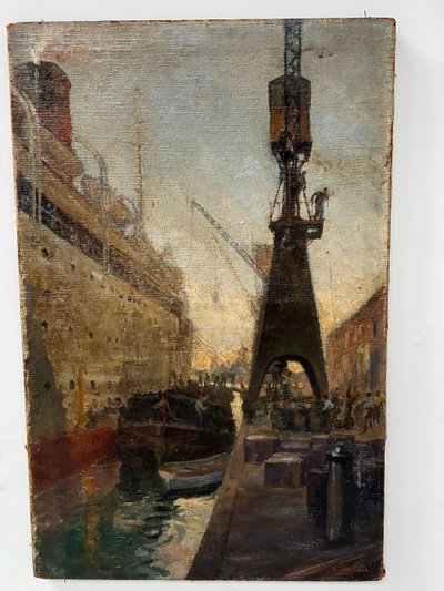 Huile sur toile " Paquebot quittant le quai " XX siècle