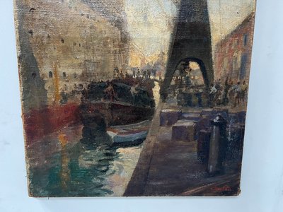 Huile sur toile " Paquebot quittant le quai " XX siècle