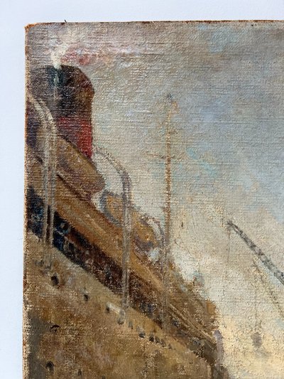 Huile sur toile " Paquebot quittant le quai " XX siècle