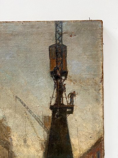 Huile sur toile " Paquebot quittant le quai " XX siècle