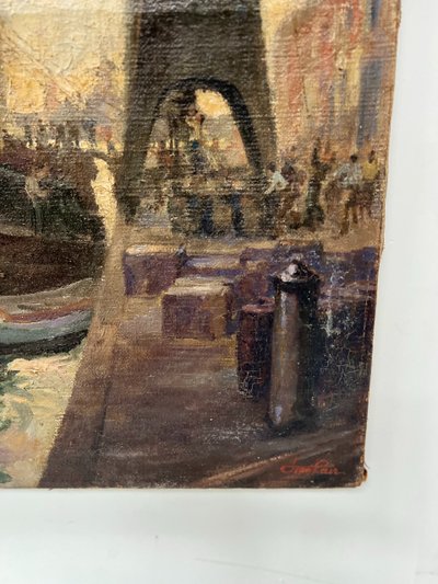 Huile sur toile " Paquebot quittant le quai " XX siècle