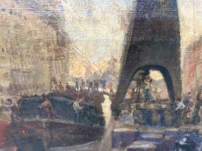 Huile sur toile " Paquebot quittant le quai " XX siècle