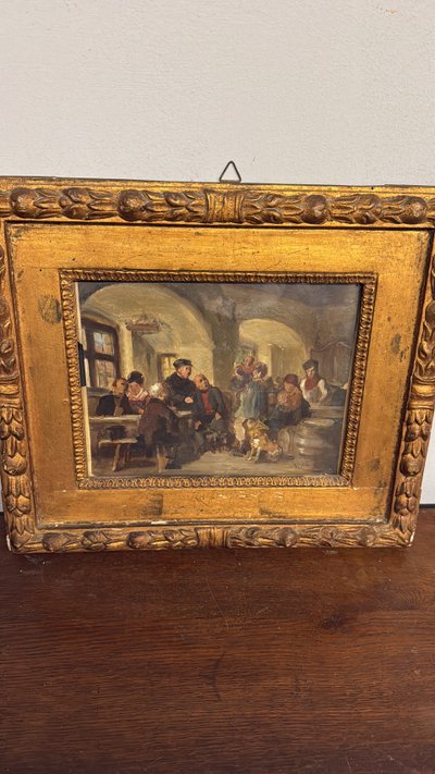 Peinture à l'huile ancienne sur papier Romberg du 19ème siècle dans un cadre ancien, 43x34 cm, représentant une auberge. Cornes