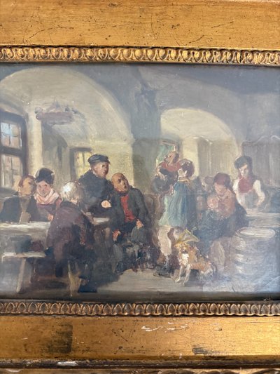Peinture à l'huile ancienne sur papier Romberg du 19ème siècle dans un cadre ancien, 43x34 cm, représentant une auberge. Cornes