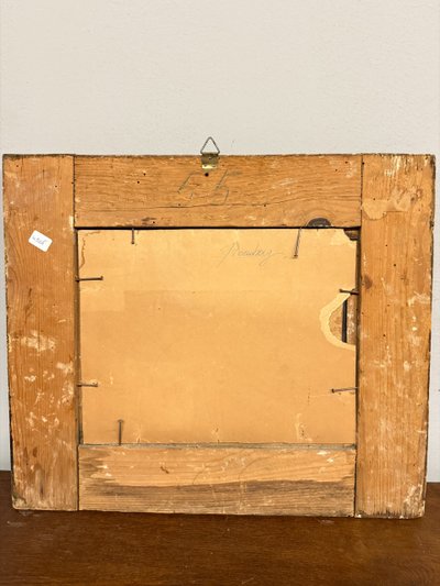 Peinture à l'huile ancienne sur papier Romberg du 19ème siècle dans un cadre ancien, 43x34 cm, représentant une auberge. Cornes