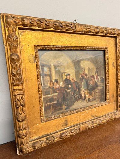 Peinture à l'huile ancienne sur papier Romberg du 19ème siècle dans un cadre ancien, 43x34 cm, représentant une auberge. Cornes