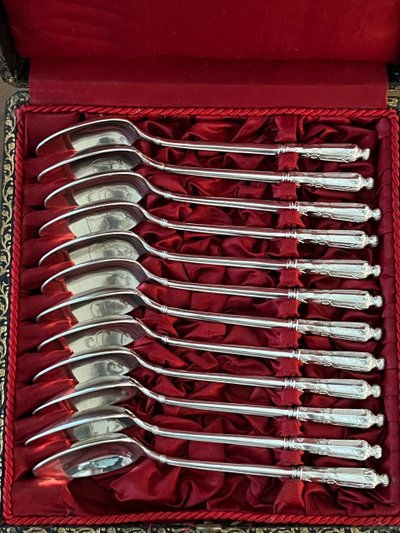 12 Armand Fresnais dessert spoons, Russian model, monogrammed JB
