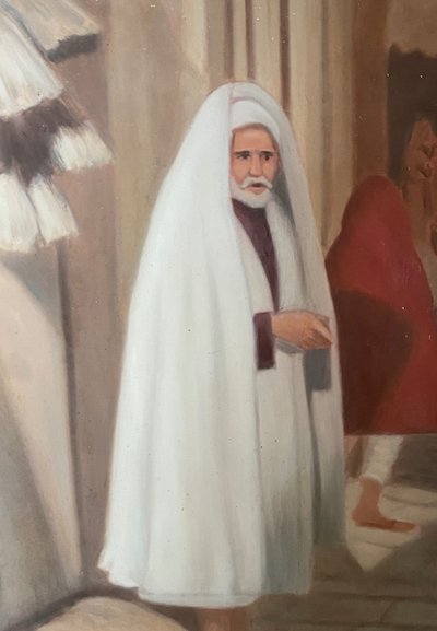 Dipinto orientalista di Foued Zaouche, pittore tunisino, raffigura figure nella Medina di Tunisi