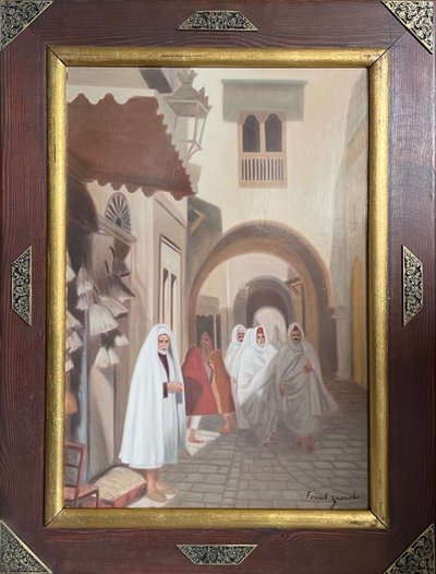 Dipinto orientalista di Foued Zaouche, pittore tunisino, raffigura figure nella Medina di Tunisi
