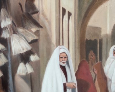 Dipinto orientalista di Foued Zaouche, pittore tunisino, raffigura figure nella Medina di Tunisi