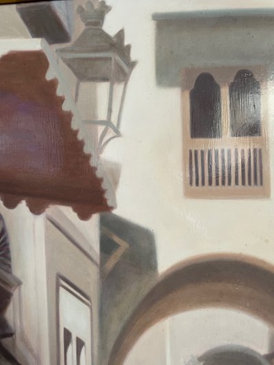 Dipinto orientalista di Foued Zaouche, pittore tunisino, raffigura figure nella Medina di Tunisi