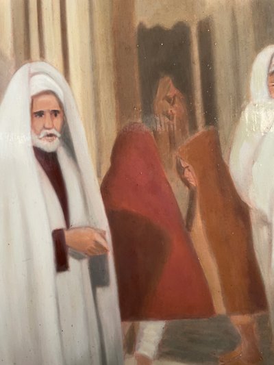 Dipinto orientalista di Foued Zaouche, pittore tunisino, raffigura figure nella Medina di Tunisi