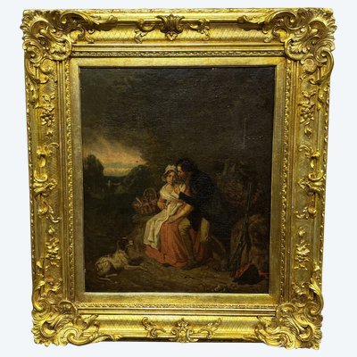 Quadro pittura ad olio scena galante XIX secolo A. Guillemin