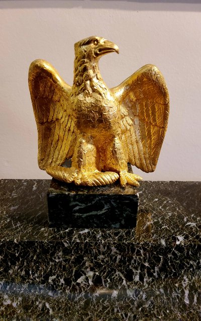 Double Inkwell with Imperial Eagle in gilded bronze and Green Marble, Empire style, 19th century