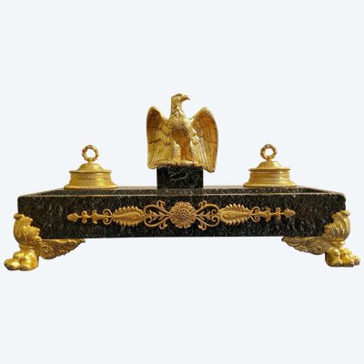 Double Inkwell with Imperial Eagle in gilded bronze and Green Marble, Empire style, 19th century