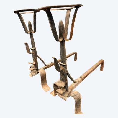 Ancienne paire de chenets toscans en fer forgé, XVIIIe siècle, 57x30 cm