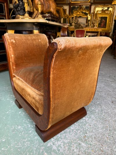 Art Deco period bench / pouf 1930 in amboyna burl and mahogany