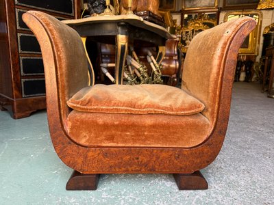 Art Deco period bench / pouf 1930 in amboyna burl and mahogany