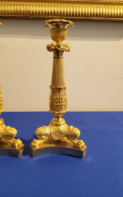 Coppia di candelabri del XIX secolo in bronzo cesellato e dorato, decorati con zampe di leone.
