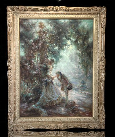 TABLEAU / PASTEL SOUS VERRE DE G. STELLY-DESMOULINS (XIX-XX) " SCENE GALANTE "