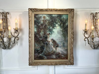 TABLEAU / PASTEL SOUS VERRE DE G. STELLY-DESMOULINS (XIX-XX) " SCENE GALANTE "