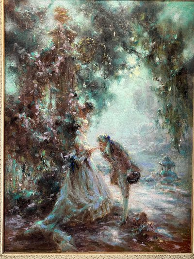 TABLEAU / PASTEL SOUS VERRE DE G. STELLY-DESMOULINS (XIX-XX) " SCENE GALANTE "