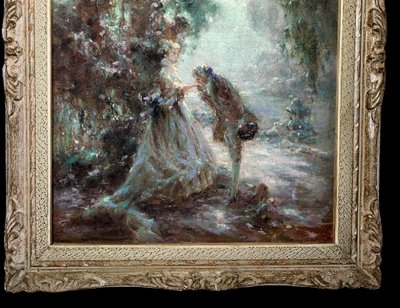 TABLEAU / PASTEL SOUS VERRE DE G. STELLY-DESMOULINS (XIX-XX) " SCENE GALANTE "