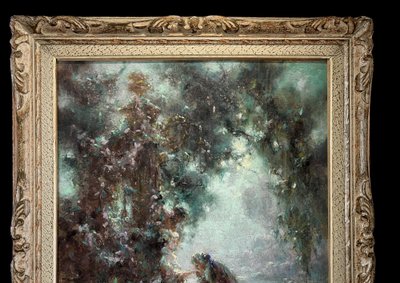 TABLEAU / PASTEL SOUS VERRE DE G. STELLY-DESMOULINS (XIX-XX) " SCENE GALANTE "