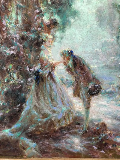 TABLEAU / PASTEL SOUS VERRE DE G. STELLY-DESMOULINS (XIX-XX) " SCENE GALANTE "