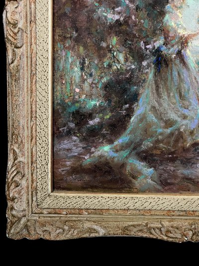 TABLEAU / PASTEL SOUS VERRE DE G. STELLY-DESMOULINS (XIX-XX) " SCENE GALANTE "