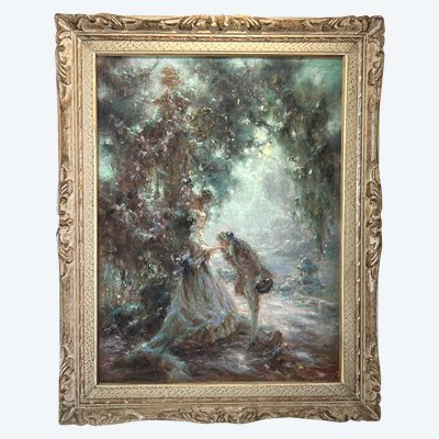 TABLEAU / PASTEL SOUS VERRE DE G. STELLY-DESMOULINS (XIX-XX) " SCENE GALANTE "