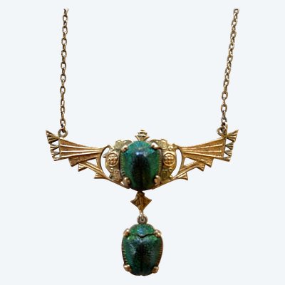 Collana in stile Art Nouveau. Scarabei e metallo dorato. Egittomania. 