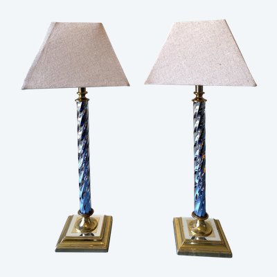 Pair of lamps. Twisted shaft. Chrome and gilded metal. In the style of R. Regarde.