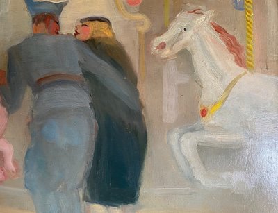 n Permesso. La giostra. O. Lorin. Scuola francese, inizi del XX secolo. Olio su cartone, con cornice. 