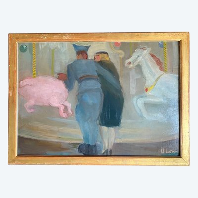 n Permesso. La giostra. O. Lorin. Scuola francese, inizi del XX secolo. Olio su cartone, con cornice. 
