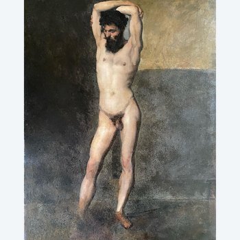 Accademia degli uomini. Studio di un nudo maschile. Olio su tela del 19° secolo.