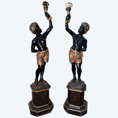 Pair of Nubian wooden torch holders from Venice, 19th century