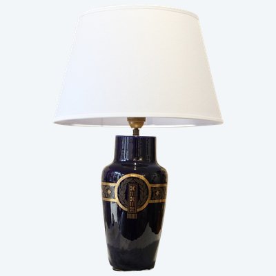 Lampe en faïence bleue avec décor à l'or Sarreguemines entre 1835 et 1900