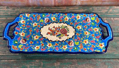 Piatto per torta smaltato Longwy – decorazione floreale policroma – circa 1950