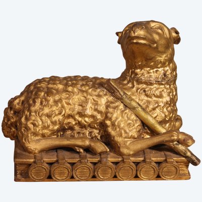 Agnello Mistico sul Libro con Sette Sigilli in Legno Dorato - XVIII Secolo