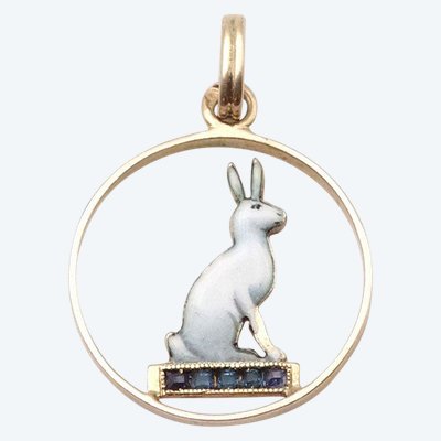 Ciondolo portafortuna coniglio bianco Art Déco in oro 9 carati, fortuna, coniglio bianco, portafortuna