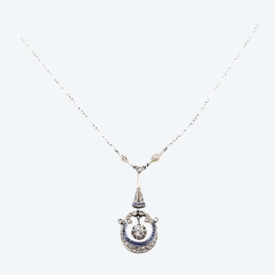 Collier Belle Epoque saphirs en platine et or 18k, collier diamants, collier ancien