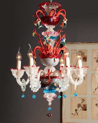 Lampadario in vetro di Murano, decoro marino, circa 1950 